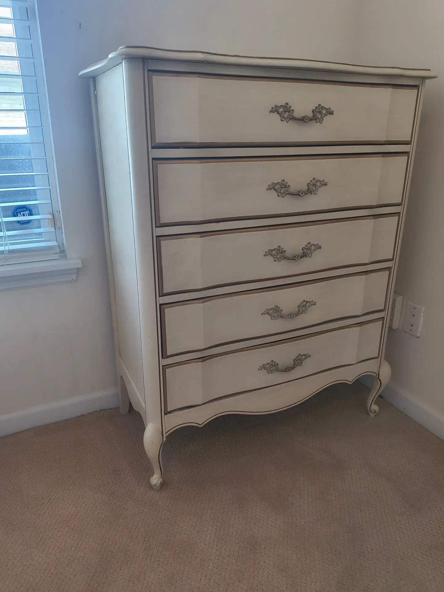French Provincial 5-Drawer Highboy Chest – Cream & Gold – $165 photo 2