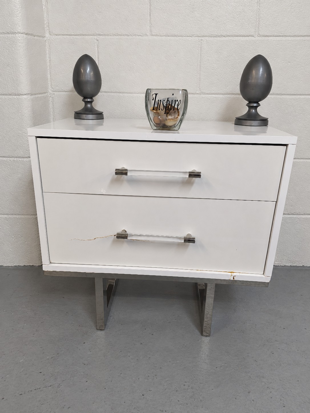 White 2-Drawer Nightstand with Lucite Pulls – $85 AS IS