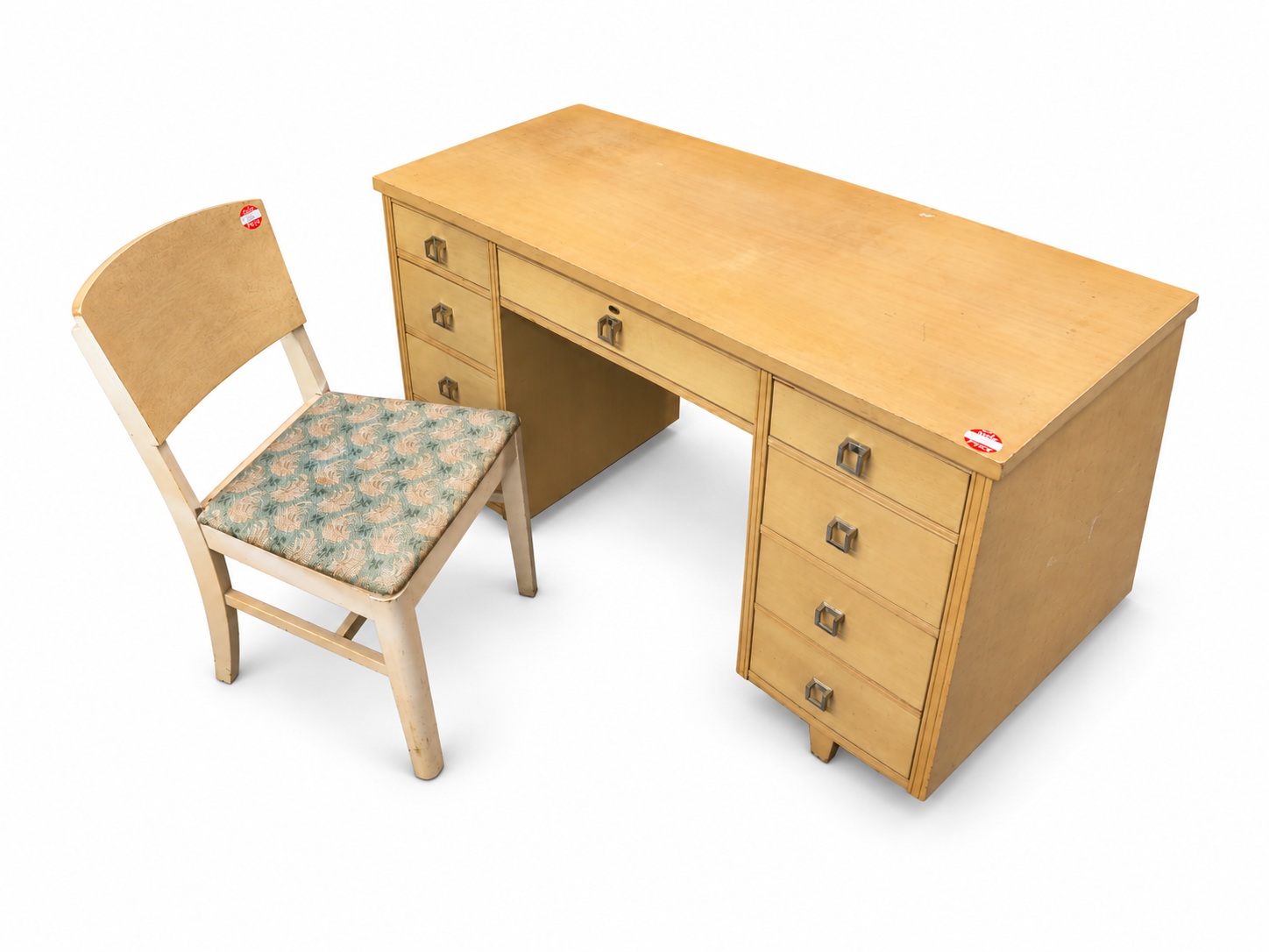 Blonde-Finish Desk and Upholstered Chair Set
