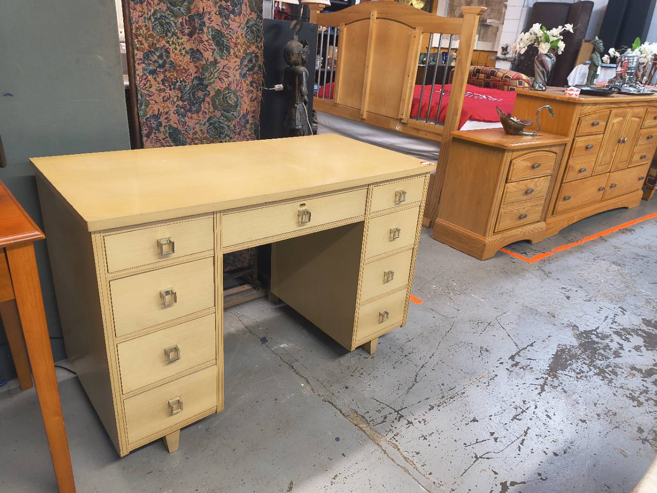 Blonde-Finish Desk and Upholstered Chair Set photo 2