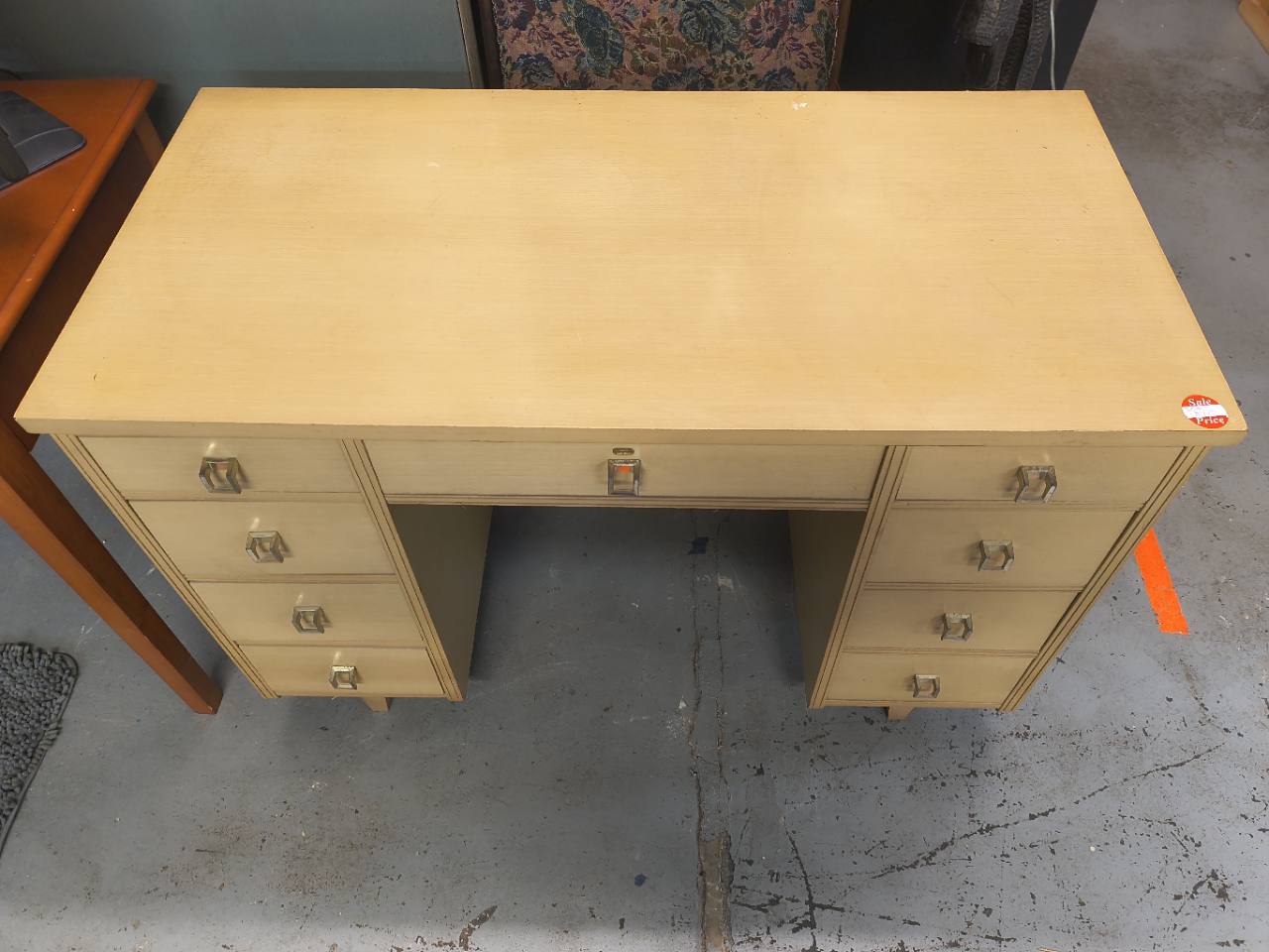 Blonde-Finish Desk and Upholstered Chair Set photo 3