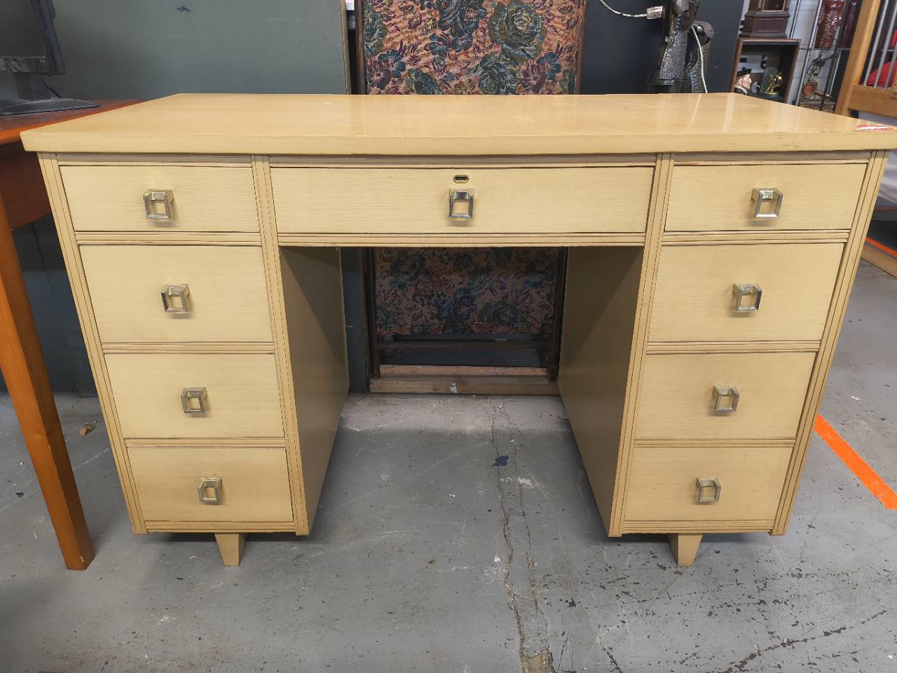 Blonde-Finish Desk and Upholstered Chair Set photo 5