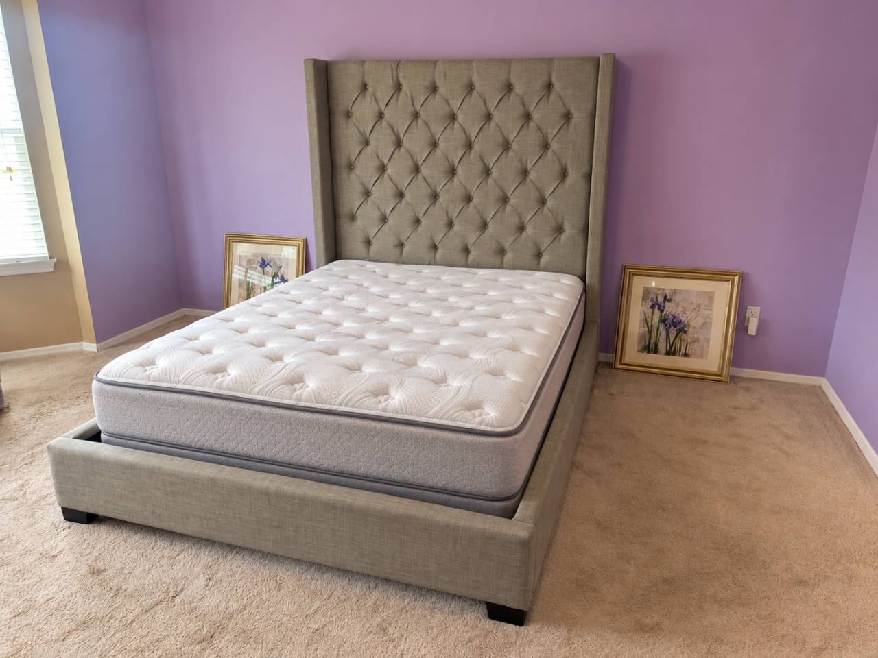 Grey Tufted Queen Bed Frame — Extra Tall 88-inch Headboard
